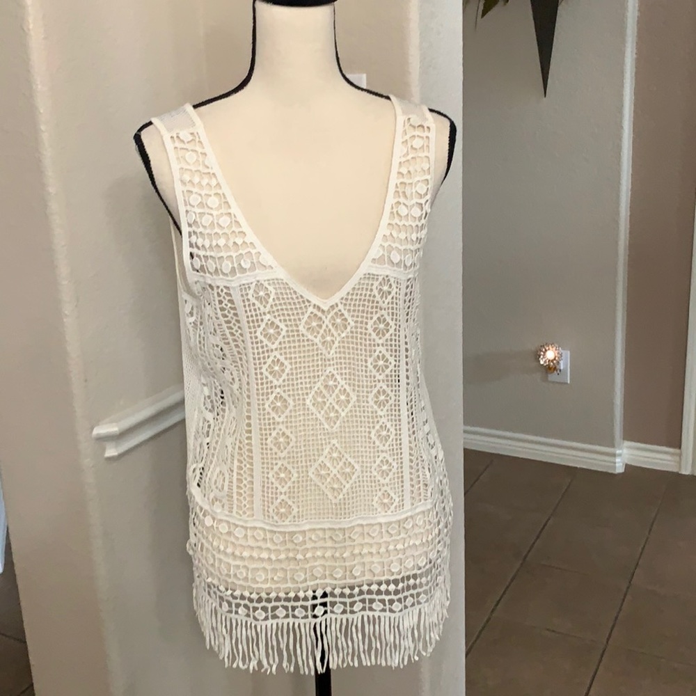 a.n.a. off white lace fringe tank top vest Size M